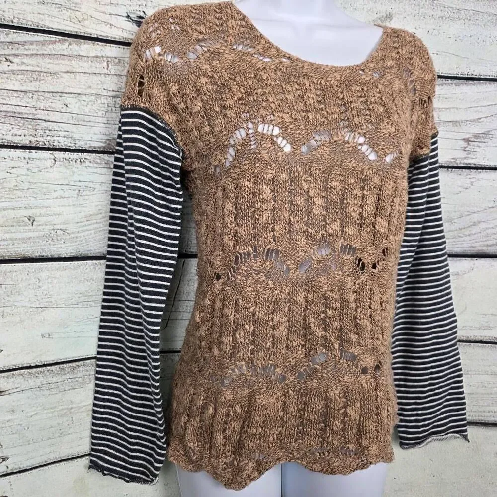 BKE S Tan Knit Sweater with Striped Long Sleeves